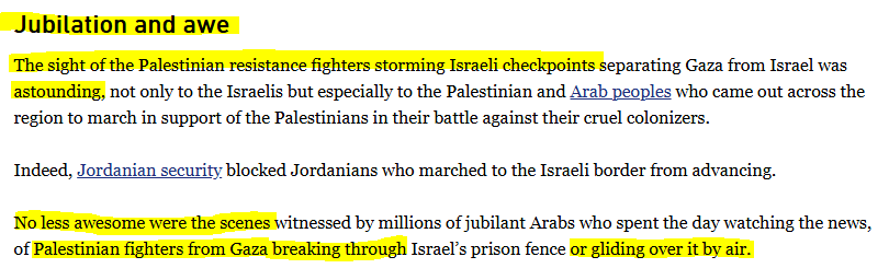 Highlighted excerpt from Joseph Massad’s October 8, 2023 Electronic Intifada article describing “jubilation and awe” at Palestinian fighters storming Israeli checkpoints, breaking through Israel’s border fence, and gliding over it by air. The passage characterizes Hamas-led attacks as “awesome” and celebrates regional support for the violence.