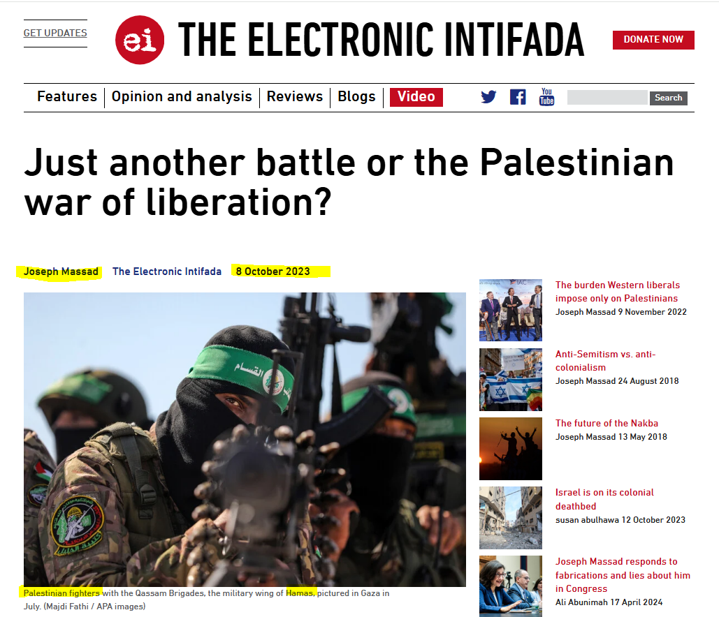 Screenshot of an Electronic Intifada article titled “Just another battle or the Palestinian war of liberation?” authored by Joseph Massad and published on October 8, 2023. The article features an image of armed Hamas fighters from the Qassam Brigades aiming rifles, with a caption identifying them as Palestinian fighters in Gaza. The publication date appears one day after the October 7, 2023 Hamas massacre in Israel.